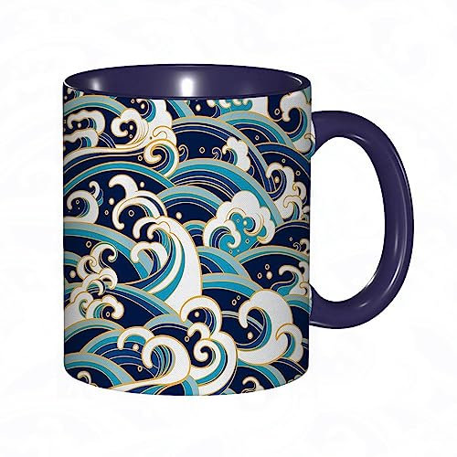 Tasse Keramik Ocean Wave Japanische Hokusai-Wellen im traditionellen orientalischen Stil.Blaues Gol Kaffeetassen Große 600ml Mit Henkel 100% Handbemalt Trinkgläser Mit Griff Personalisierte Geschenk