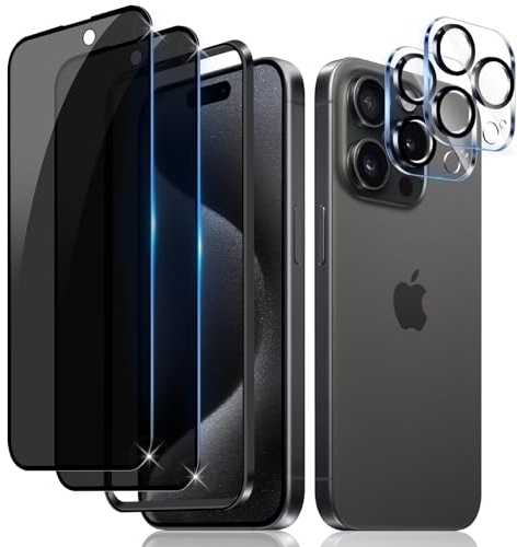 Liilaa Protector de Pantalla de Privacidad para iPhone 15 Pro Max, [2 + 2 Piezas] Anti Espía Protector Pantalla y Protectores de Lente de Cámara, 9H Dureza Anti Spy Vidrio Templado
