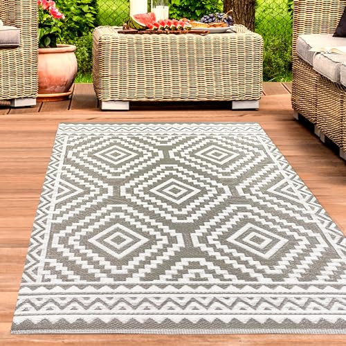CARPETIA Outdoor Teppich wetterfest Kunststoff Außenteppich Balkon Terrasse Garten Bad Küche Strand Aztekenmuster grau 120 x 170 cm