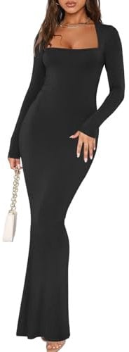 REORIA Women's Sexy Going Out Square Neck Long Sleeve Bodycon Maxi Dress Fall Casual Ribbed Soft Lounge Dresses Black Small