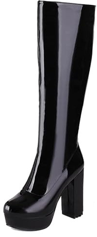 Lroey Reoly Stivali Alti Al Ginocchio da Donna con Tacco Largo, Stivali da Sera Punta Rotonda Tacco Alto Stivali Alti Zip con Plateau, R5687Mw Nero Numero 43 EU