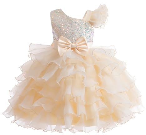 Miipat Ragazze Abito Una Spalla Paillettes Principessa Senza Maniche Vestito Bambine e Ragazza di Fiori Damigella d'Onore Tutu Abiti Bambini Festa Compleanno Matrimoni Champagne 130 6-7 Anni