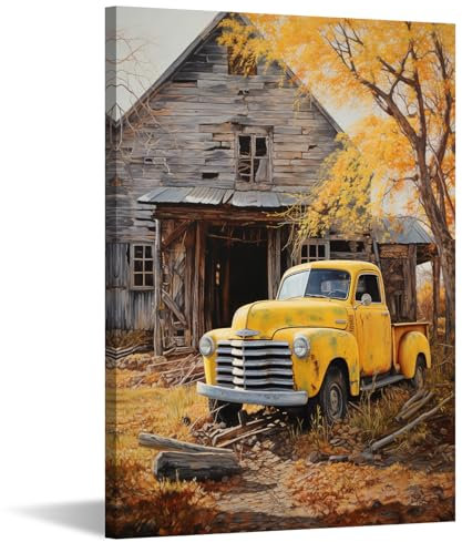 GLOKAKA Rustikale alte LKW-Wandkunst Bauernhaus Scheune, Wanddekoration, gelber LKW vor einem Shabby Holzhaus, Herbst-Wandkunst für Land, Wohnzimmer, Schlafzimmer, Dekor