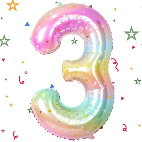 WOIRROIP Regenbogen Luftballon 3, Zahlen, 40 Zoll XXL Bunter Farbverlauf Folienballon 3. Ballon Helium, Geburtstag für Jahre Geburtstagsdeko Kinder Junge Mädchen YLP00125XX-3 Zahl 3