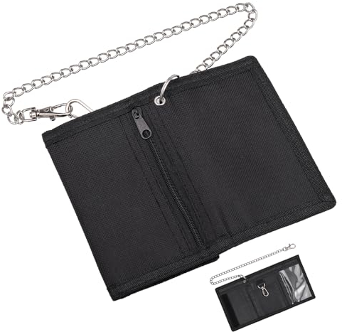 Yimomoyi Geldbörse Kinder, Geldbeutel Kinder Slim Geldbörse Jungen Portemonnaie Teenager Geldtasche mit Kette Clip Reißverschluss Faltbar Dreifach Kindergeldbeutel, 12 x 8 x 1cm Schwarz