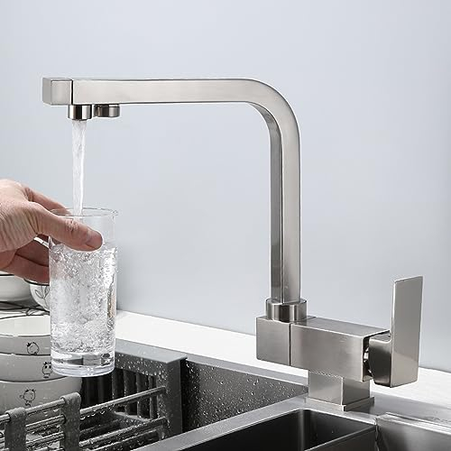 3-Wege-Küchenarmatur für Fenster, heißes und kaltes Wasser, 360° drehbarer Auslauf, 3-Wege-Wasserfilter-Wasserhahn, Küchen-Trinkwasserhähne, 3-Wege-Wasserhahn, gebürstetes Nickel, Einzelmodus