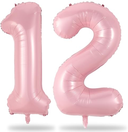 Light Pink 12th Birthday Balloons for Girls, 40'' Mylar Self Inflating Number 12 Balloon, Big Foil 1 & 2 Helium Pastel Pink Balloon for Women 21st Birthday Party Decoration Anniversary Decor Supplies