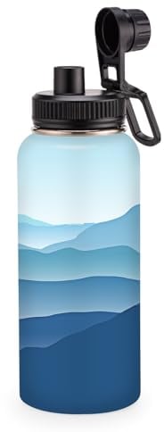 Cutiset 32oz Insulated Water Bottle with Spout Lid, Blue Mountain Scenery, Double Wall 18/8 Stainless Steel, Leakproof Gift for Women Men Sports Travel Gym Fitness Hiking Outdoors, Hands Wash Only