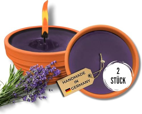 Lavalis 2x Lavendel Duft-Kerze, 20 h Brenndauer, Outdoor-Kerzen in Terrakotta-Schale, handbefüllt aus recyceltem Wachs, 5 cm Flammenhöhe, 11,5 cm Ø