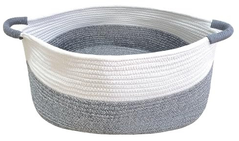 Mittelgroßer Seilkorb mit Griffen, Bohe-Stil Aufbewahrungskorb, Wohnaccessoire zum Organisieren von Kleidung, Spielzeug, Büchern. (Weiß & Dunkelgrau, M (43,2 × 31,8 × 21,6 cm))
