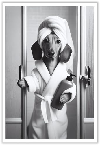 ADRHGCY Lustiges Poster mit niedlichem Dackel, Humor, Hund, Wandkunst, Tier auf Toilette, Dackel, Hund, Duschgel, Drucke, Gemälde für Badezimmer, Zuhause, Schlafzimmer, Wohnheim, Wanddekoration, 30,5