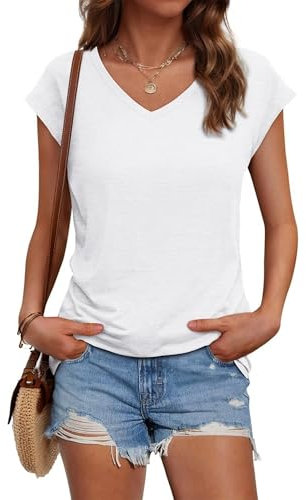 Suncife Womens Summer Casual Loose Fit T Shirt Cap Sleeve V Neck Tshirts Tops (White,XL)