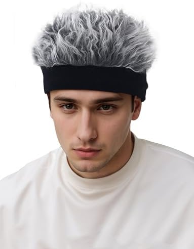 SEAUR Fake Haar Mütze Verstellbarer Hut mit Stachelperücken Beanie Mütze mit Haarperücke Herren Perücke Hip Hop Hut Grau