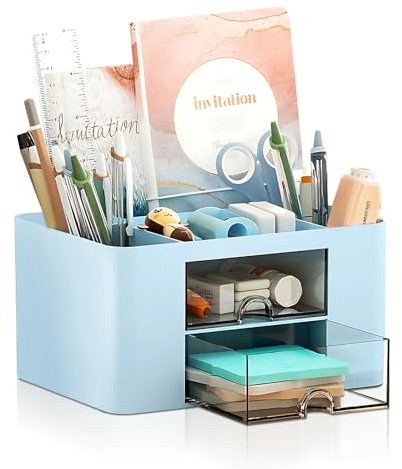 Lenfuos Schreibtisch Organizer mit 2 Schubladen, 360 Grad drehbarer Büro-Organizer Stifthalter, 5 Sortierfächer für Stifte, Hefter, Haftnotizen, Platzsparendes Desk Organizer (Blau Quadrat)