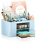 Lenfuos Schreibtisch Organizer mit 2 Schubladen, 360 Grad drehbarer Büro-Organizer Stifthalter, 5 Sortierfächer für Stifte, Hefter, Haftnotizen, Platzsparendes Desk Organizer (Blau Quadrat)