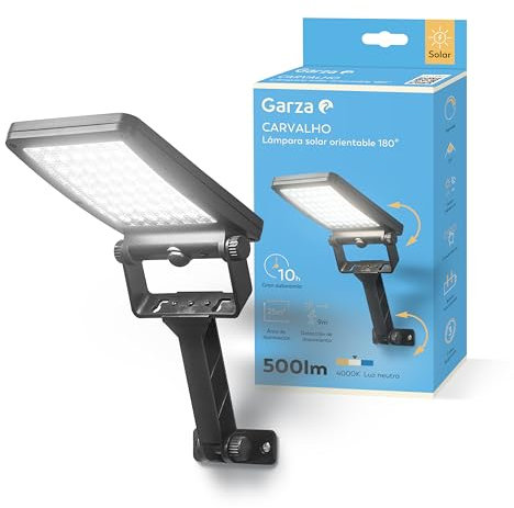 GARZA - Aplique de Exterior Solar LED 4000K, 25m² Cobertura – Sensor de Movimiento, 3 Modos, IP54, 12h Autonomía, Ángulo Ajustable 180º, Carga Solar Eficiente. Instalación en pared.