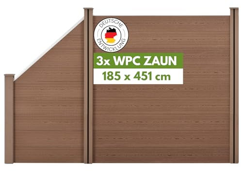 DELUKE® WPC Zaun 180 cm hoch mit Schrägelement ELEFO - Komplettset mit Pfosten | WPC Gartenzaun mit Pfosten Sichtschutz Windschutzzaun Lamellenzaun, 183 x 451 cm Braun