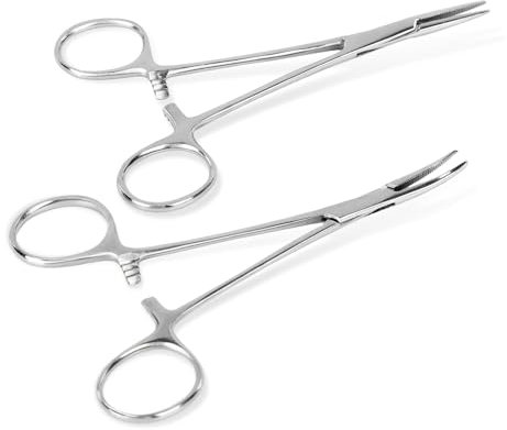 WISEPRO 2 Pcs Piercing Pliers Set - Straight & Curved Clamps, Self-Locking Forceps with Serrated Jaw for DIY, Fishing, Pet Grooming, Suturing - Rustproof Stainless Steel