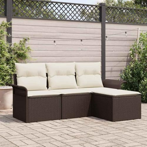 Gecheer 4-teiliges Garten Sofa Set mit Kissen Braun Poly Rattan, 2-Sitzer Garten Sofa mit Stauraum & Kissen Braun Poly Rattan Garten Sitzgruppe Gartenlounge Gartenmöbel Set