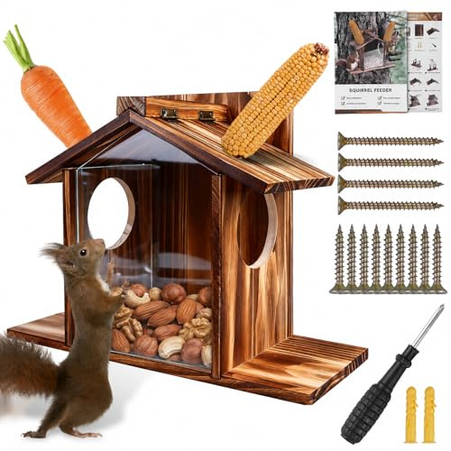 Comedero de madera resistente a la intemperie para ardillas, con revestimiento de aceite de linaza, orificios de ventilación y gran comedero, comederos para ardillas y Kobel