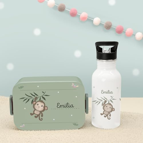 hellomini Personalisierte Mepal-Lunchbox & Edelstahl-Trinkflasche 500ml Set mit Wunschname & Tiermotiv – Brotzeitbox & Trinkflasche Kinder Schule Kita Geschenk (Affe, Grün)