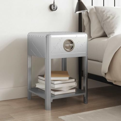 Ziaphsol Nachttisch Vintage Flieger Flugzeug Stil, Massivholz Aluminium, 40x40x60cm, mit 1 Schublade & Ablage, Beistelltisch für Wohnzimmer, Schlafzimmer