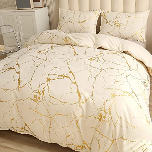 Tospass Marmor Optik Bettwäsche 220x240cm Beige Gold Marmor Glitzermuster Bettwäsche-Sets Mikrofaser ÖKO-TEX Deckenbezug 1 Bettbezug mit Reißverschluss und 2 Kissenbezug 80x80cm