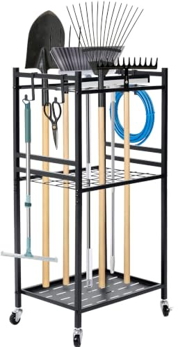 ohbien Gartengeräte Aufbewahrung mit 4 Haken 3 Stöckiges Garden Tool Stand | mit Feststellbaren Rollen Gartenwerkzeug Organizer 43x30x80 cm, für Hacke Besen Rechen Schaufel, Garage, Garten & Schuppen