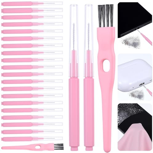 Sibba 20Pcs Cell Phone Cleaning Brush, Mini Brushes with Large Brush Cleaning Cloth Nylon Anti-Clogging Charging Port Cleaner Kit for Usb C Charging Port, Phone Speaker, Earbuds Tools, Pink