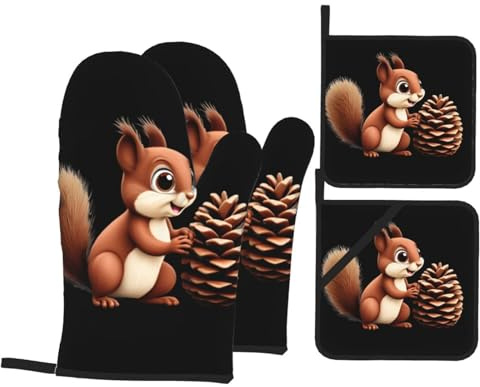 Kitchen Baking 4-teiliges VVXBHGR Little Eichhörnchen stehlende Tannenzapfen Druckset mit weichem Futter und dicker Isolierung für Küche Kochen und Grillen im Freien