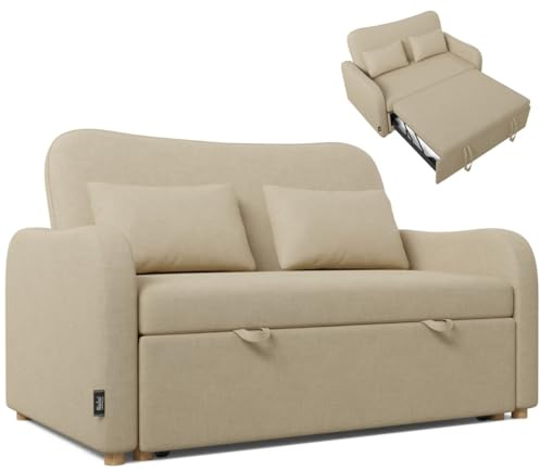 Nalui- Sofa Cama 2 plazas 3 en 1 Buddy 2 137x100x87cm con Respaldo Ajustable y 2 Almohadas (54x24cm). Sofa Cama Chaise Longue, Soporta ≤250Kg. Sofa 2 Plazas Convertible en Cama 118x190cm, Beige