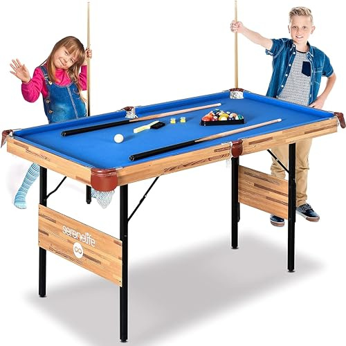 SereneLife Billard-Table de Billard Pliable de 1,4m, Portable,pour Enfants/Adultes,avec Accessoires, Jeux d'intérieur et d'extérieur avec Queues, Boules et Triangle, Bleu