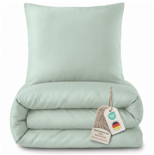 LAYNENBURG Premium Mako Satin Bettwäsche in 135x200 + Kissenbezug 40x80 cm - 100% Baumwolle – Oeko-TEX 100 - kühlende, temperaturausgleichende Sommer-Bettwäsche mit Reißverschluss(salbeigrün)