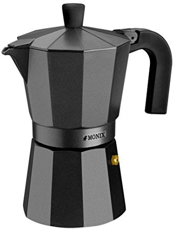 Monix Braisogona Vitro Noir | Italienischer Aluminiumkaffeekocher für 1 Tassen, Geeignet für alle Herdarten außer Induktion, Schwarz, Aluminium, 1 taza