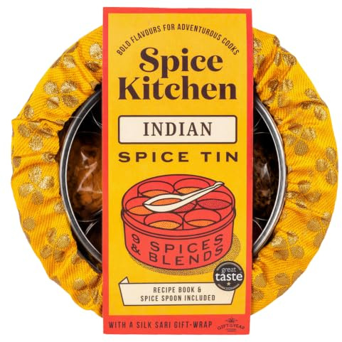 Spice Kitchen Indian Spice Tin, 9 Premium Indian Cooking Spices with Award-Winning Garam Masala and Hand Sewn Silk Sari Cover