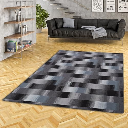 Designer Velour Teppich Mystic Karo Blau Grau Anthrazit in 24 Größen