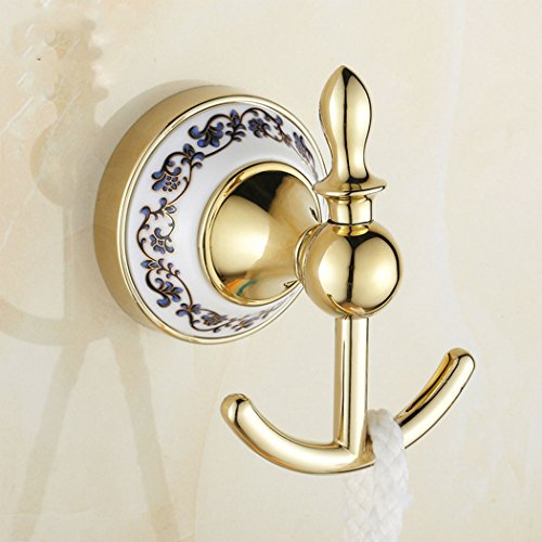 Wandhalterung Messing antik Material Bademantel Haken Double Handtuch Haken Badezimmer Zubehör Blau und Weiß Porzellan, gold, no