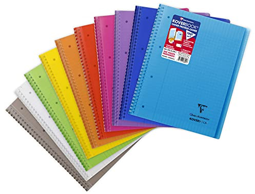Clairefontaine Koverbook 396401C Notizbuch, Spiralbindung, A4+, 22,5 x 29,7 cm, 160 Seiten, abnehmbar, große Karos, weißes Papier, 90 g, Einband aus Polypropylen, zufällige Farbe