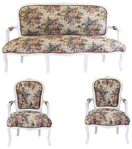 Casa Padrino Barock Sitzbank Set Blumen Muster/Antik Stil Weiß - 1 Sofa + 2 Sessel