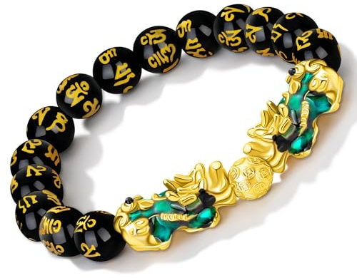 MANRUO Feng Shui Armband aus schwarzem Obsidian, Reichtum und Reichtum mit Farbwechsel, Pi Xiu Armbänder, Drachen-Mantra-Perlen-Armreif, zieht Reichtum und Glück an, für Herren/Frauen, Einheitsgröße