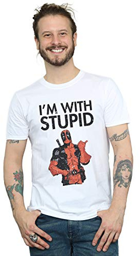 Marvel Men's Deadpool I'm with Stupid T-Shirt White Medium