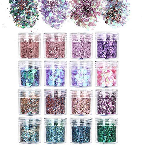 URAQT 16 Boxen Glitzer Make up Set | Chunky Glitter, Glitzer für Musik Festival, Masquerade, Halloween, Party, Weihnachten,Glitzer Sequin für Gesicht Nägel Augen Lippen Haare Körper-C