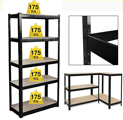 Black 5 Tier Metal Garage Storage Shelving Unit (70cm x 30cm x 150cm) Heavy Duty 5 Level Steel Shelf Racking MDP Boards Boltless Design for Multipurpose