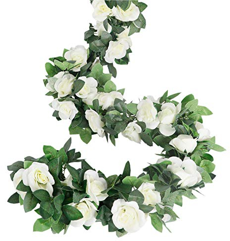 LESING Rose Garlands Artificial Rose Vines, 4PCS(28.8FT) Fake Silk Flower Vines with Greenery Plants for Wedding, Home, Office, Arch, Garden Decoration (White)