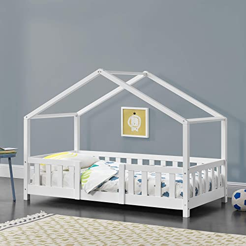 [en.casa] Kinderbett Treviolo Hausbett 80 x 160 cm Holzbett für Kinder mit Rausfallschutz Montessori Bettgestell mit Lattenrost Kiefernholz Weiß