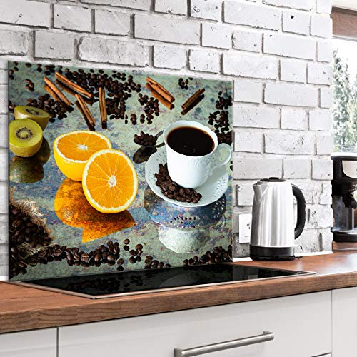 murando Glass Splashback for Kitchen Backsplash Cooker Protector Tempered Glass Decorative Wall Art Panel Heat Resistant Graphic 80x60 cm / 32x24 Coffee Beans Fruit Orange Cup j-B-0093-aq-e