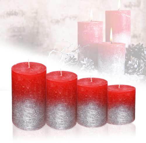 Candelo 4er Set Rustik Kerzen Ambiente Weihnachten - Adventskranz Rustic - Farbe Rot Metallic Silber - 8/10/12/14cm - Stumpenkerze Weihnachtskerze