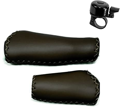 Knus Lenkergriffe Fahrradgriffe Kunstleder Lang/Kurz 135/92 mm in dunkel braun inkl. 1 x Fahrradklingel