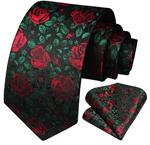 HISDERN Cravate Noir Homme à Fleur Originale Cravates et Pochette Motif Mariage Élégant Ensemble de Cravates Florales d'affaires Fête