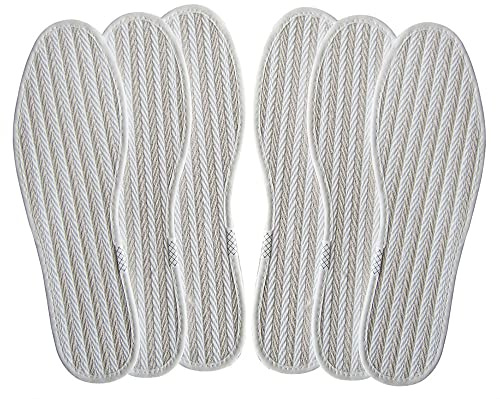 Bellcon Cotton Linen Shoe Insoles for Men Thin Flat Shoe Inserts for Men Boot White Cloth Fabric Shoe Liner for Sweat Absorbing Comfortable Cotton Soles, 3 Pairs/Women 8.5/Men 6.5 M US